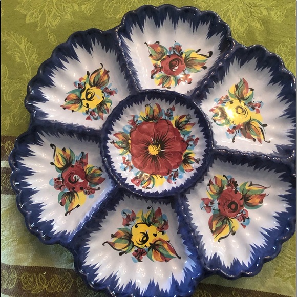 LARGE DIVIDED PLATTER SERVING TRAY PLATE HANDPAINTED FLORAL Round Vintage. - Picture 1 of 8